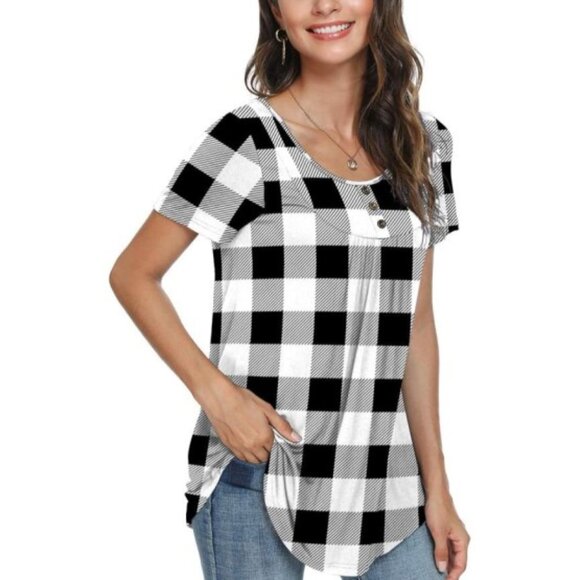 POPYOUNG  Short Sleeve Henley V-Neck Loose Fit Pleated Tunic Size M NWT - Picture 1 of 2
